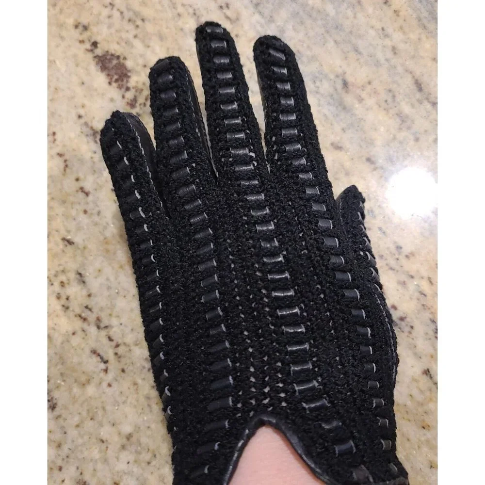 Vintage Size M 7 Black Leather And Knit Handmade Gloves Hammer Of Hollywood